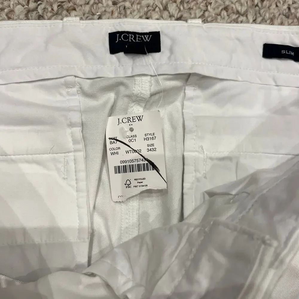 NEW J Crew Slim Fit Flex Chino Pant 34x32 White Mens Preppy Coastal Summer